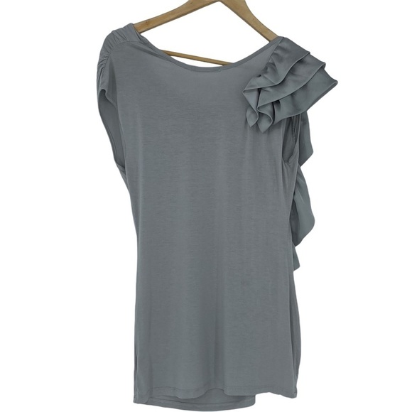 Pleione gray ruffled shoulder & side stretch top, M - Picture 2 of 13